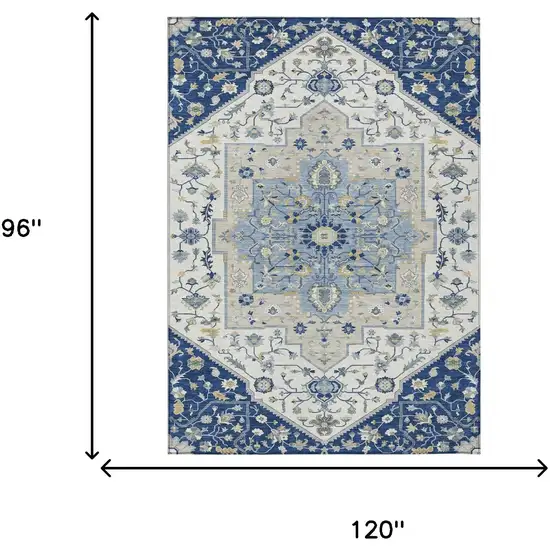 Navy Blue And Ivory Floral Medallion Washable Indoor Outdoor Area Rug Photo 5
