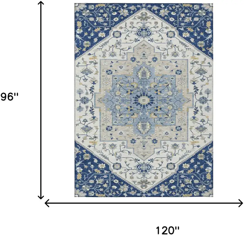 Navy Blue And Ivory Floral Medallion Washable Indoor Outdoor Area Rug Photo 5