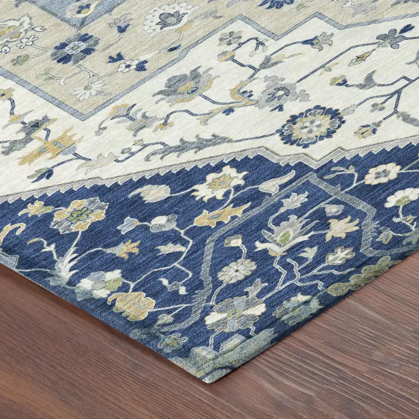 Navy Blue And Ivory Floral Medallion Washable Indoor Outdoor Area Rug Photo 3
