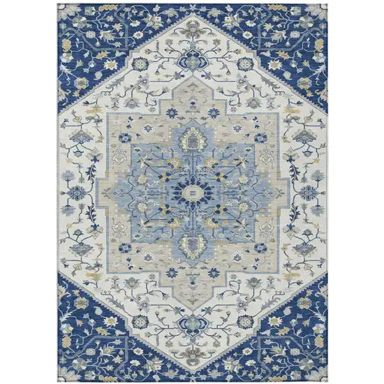 Navy Blue And Ivory Floral Medallion Washable Indoor Outdoor Area Rug Photo 2