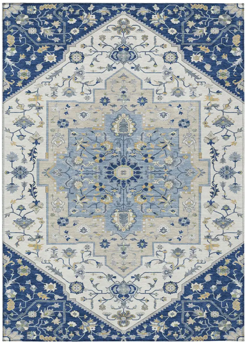 Navy Blue And Ivory Floral Medallion Washable Indoor Outdoor Area Rug Photo 2