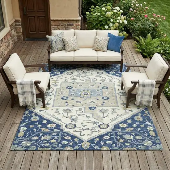 Navy Blue And Ivory Floral Medallion Washable Indoor Outdoor Area Rug Photo 1