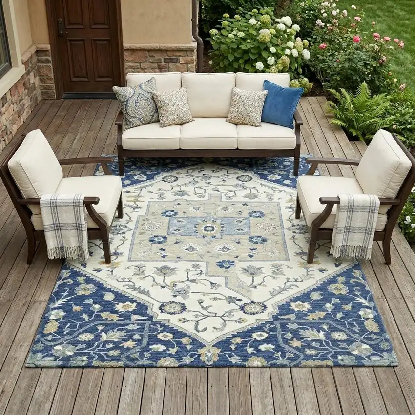 Navy Blue And Ivory Floral Medallion Washable Indoor Outdoor Area Rug Photo 1