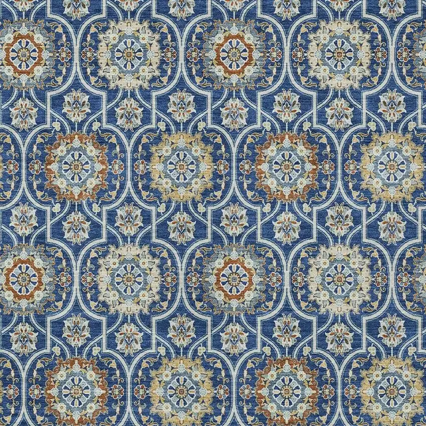 Navy Blue And Ivory Floral Medallion Washable Indoor Outdoor Area Rug Photo 5
