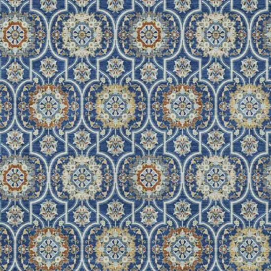 Navy Blue And Ivory Floral Medallion Washable Indoor Outdoor Area Rug Photo 5