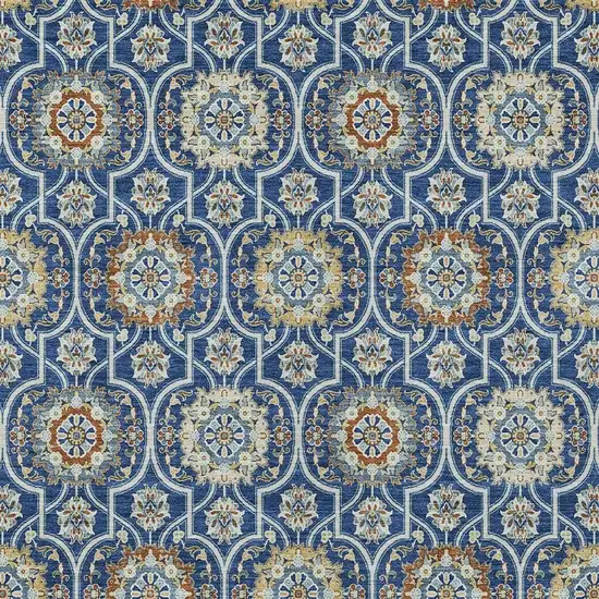 Navy Blue And Ivory Floral Medallion Washable Indoor Outdoor Area Rug Photo 3