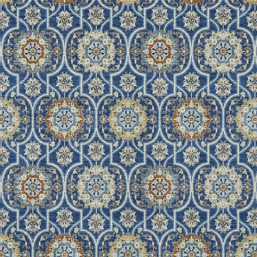 Navy Blue And Ivory Floral Medallion Washable Indoor Outdoor Area Rug Photo 3