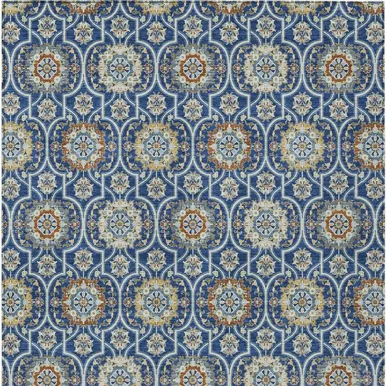 Navy Blue And Ivory Floral Medallion Washable Indoor Outdoor Area Rug Photo 6