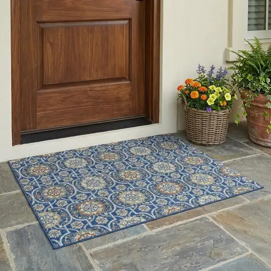 Navy Blue And Ivory Floral Medallion Washable Indoor Outdoor Area Rug Photo 1