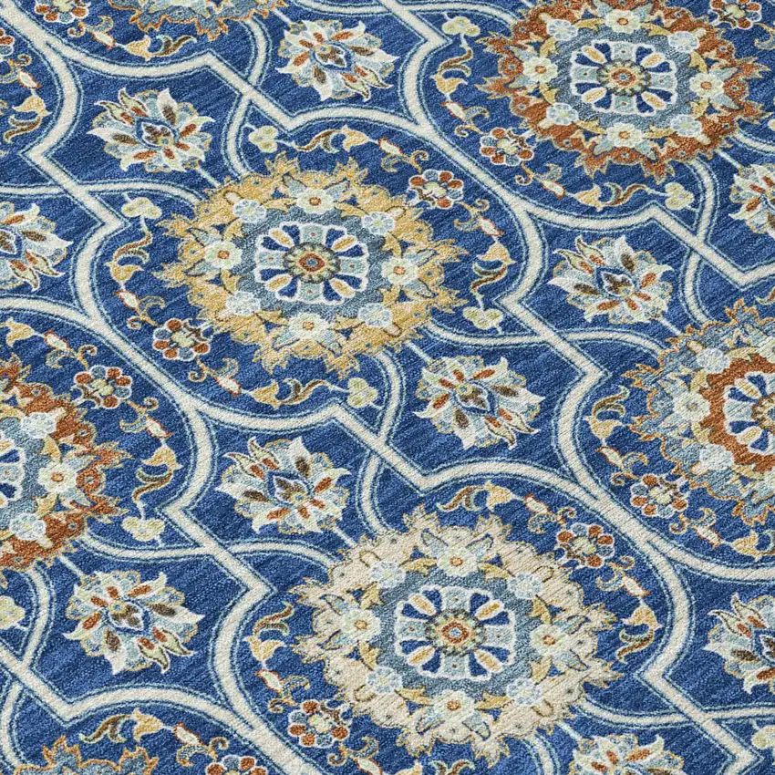 Navy Blue And Ivory Floral Medallion Washable Indoor Outdoor Area Rug Photo 8