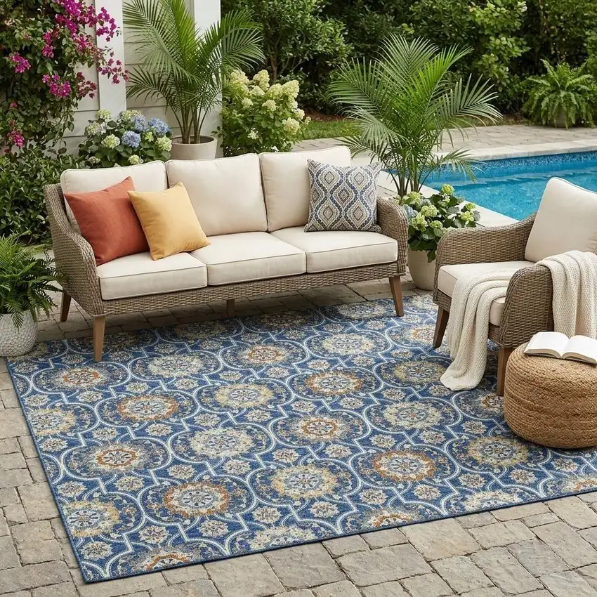 Navy Blue And Ivory Floral Medallion Washable Indoor Outdoor Area Rug Photo 1