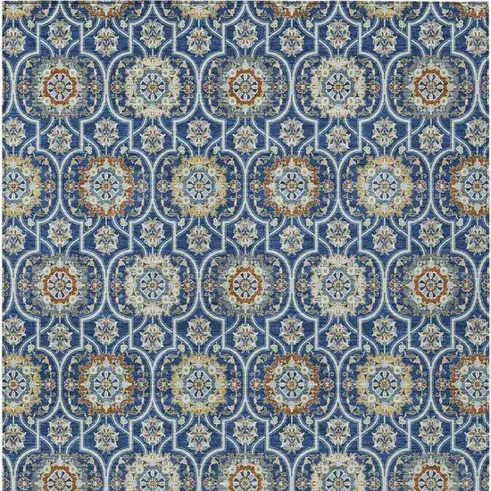 Navy Blue And Ivory Floral Medallion Washable Indoor Outdoor Area Rug Photo 3