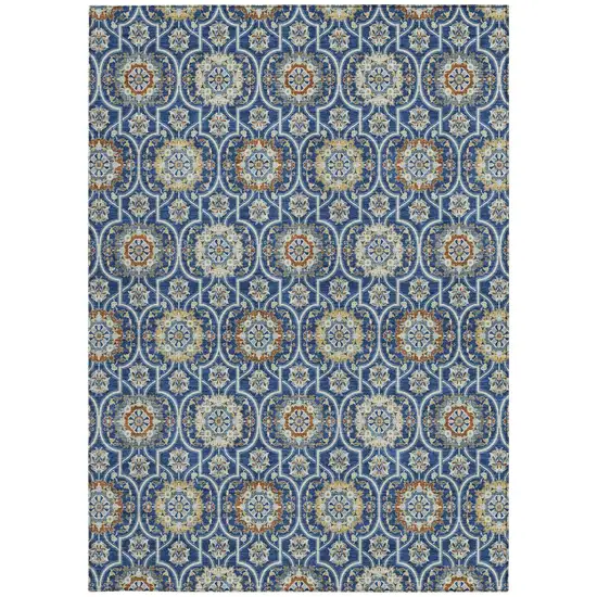Navy Blue And Ivory Floral Medallion Washable Indoor Outdoor Area Rug Photo 4
