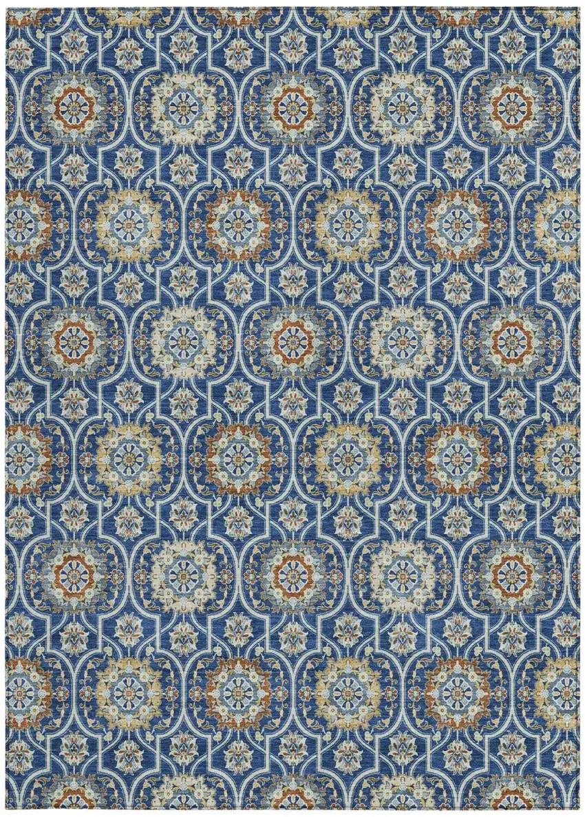Navy Blue And Ivory Floral Medallion Washable Indoor Outdoor Area Rug Photo 4