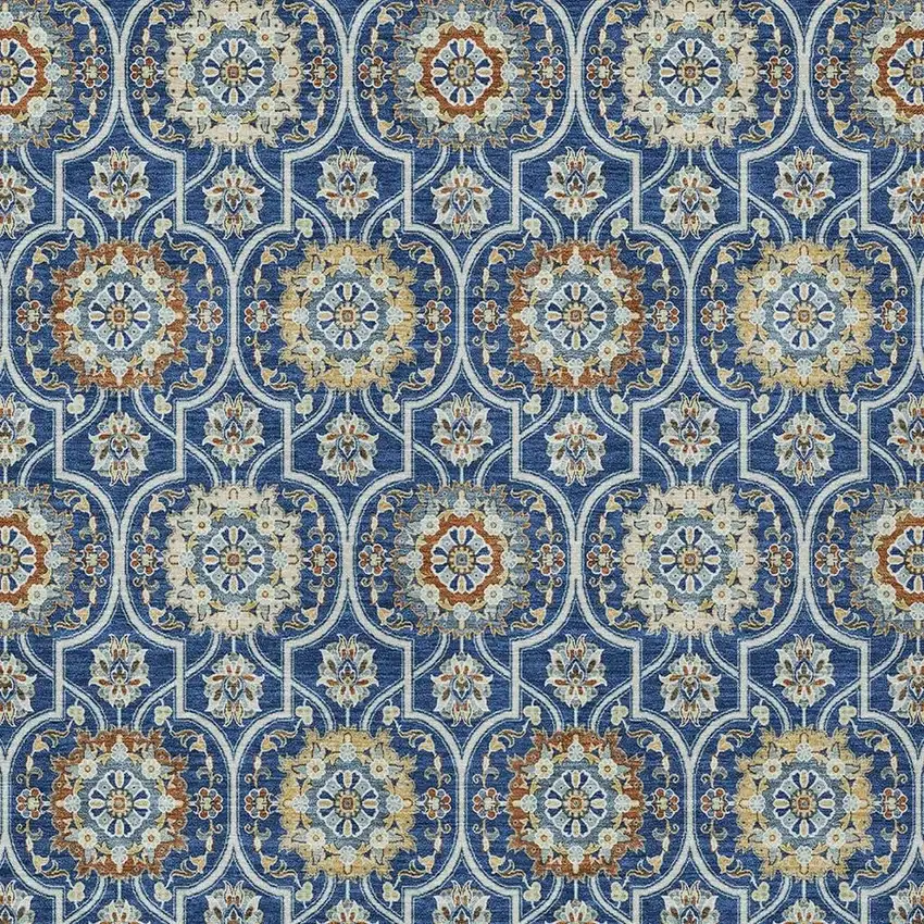 Navy Blue And Ivory Floral Medallion Washable Indoor Outdoor Area Rug Photo 5