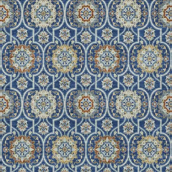 Navy Blue And Ivory Floral Medallion Washable Indoor Outdoor Area Rug Photo 5