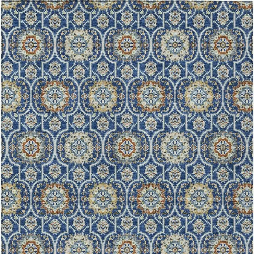 Navy Blue And Ivory Floral Medallion Washable Indoor Outdoor Area Rug Photo 6