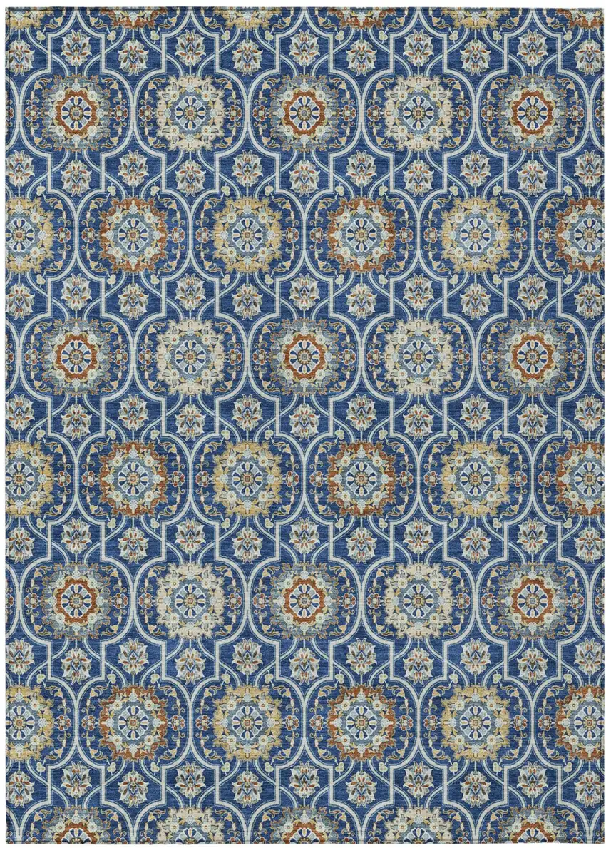 Navy Blue And Ivory Floral Medallion Washable Indoor Outdoor Area Rug Photo 2