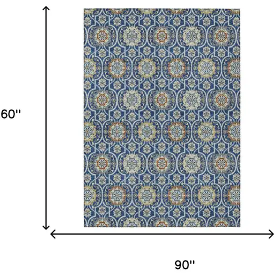 Navy Blue And Ivory Floral Medallion Washable Indoor Outdoor Area Rug Photo 9