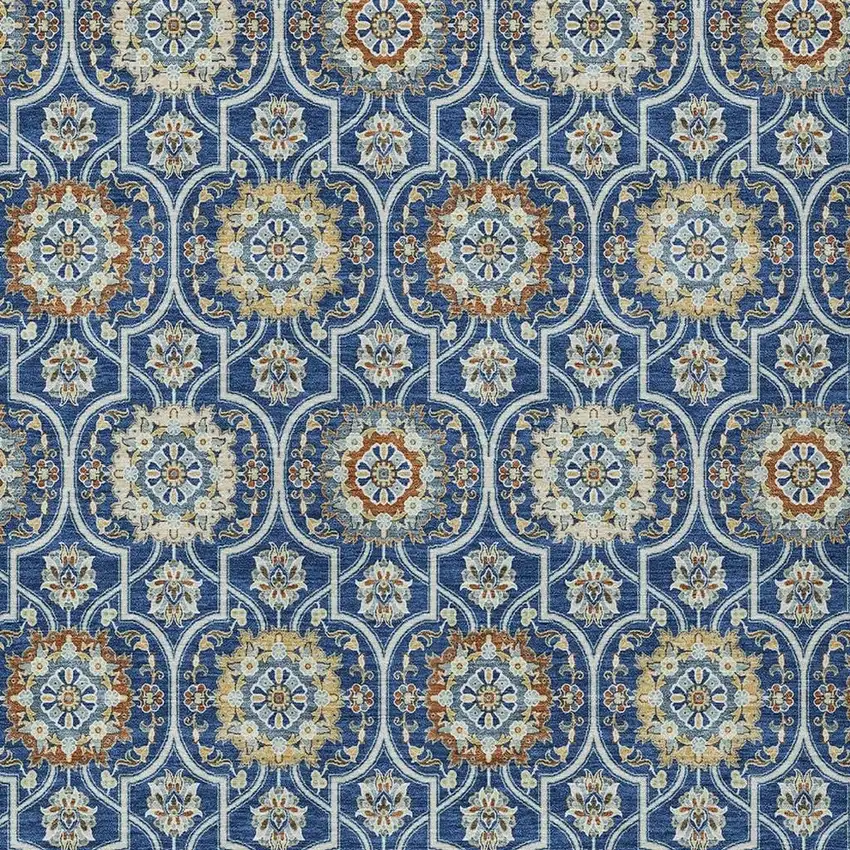 Navy Blue And Ivory Floral Medallion Washable Indoor Outdoor Area Rug Photo 5
