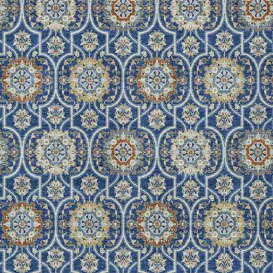 Navy Blue And Ivory Floral Medallion Washable Indoor Outdoor Area Rug Photo 5