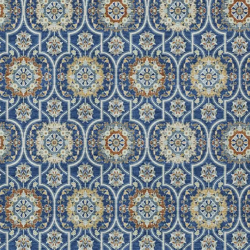 Navy Blue And Ivory Floral Medallion Washable Indoor Outdoor Area Rug Photo 3
