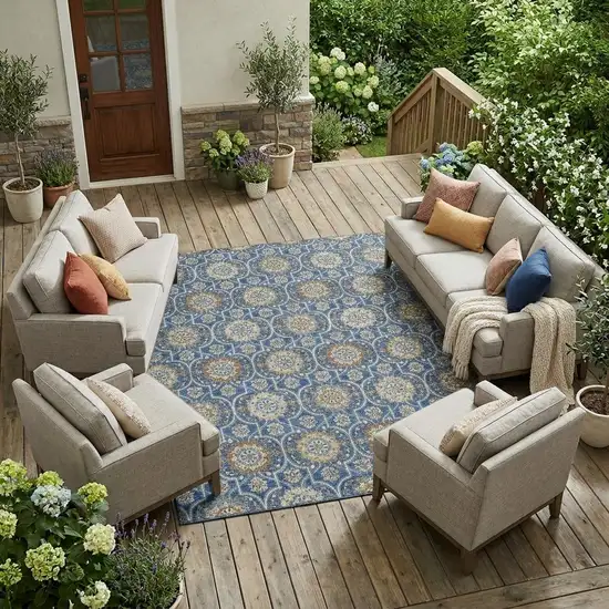 Navy Blue And Ivory Floral Medallion Washable Indoor Outdoor Area Rug Photo 1