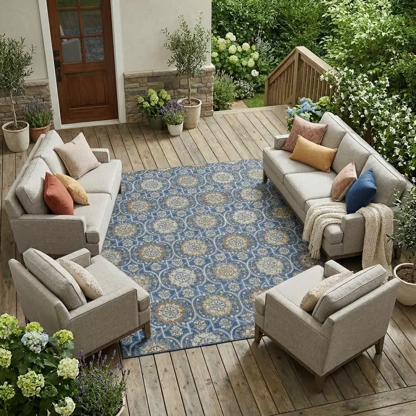 Navy Blue And Ivory Floral Medallion Washable Indoor Outdoor Area Rug Photo 1