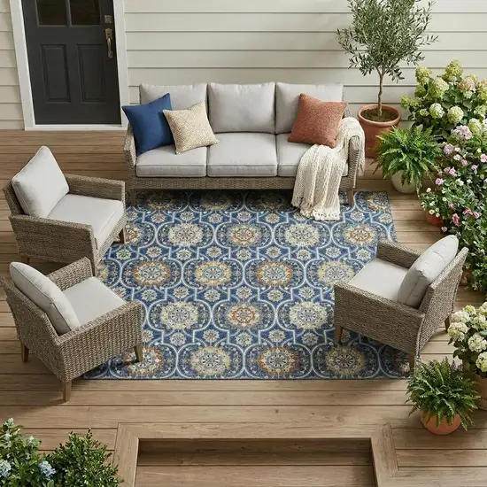 Navy Blue And Ivory Floral Medallion Washable Indoor Outdoor Area Rug Photo 1