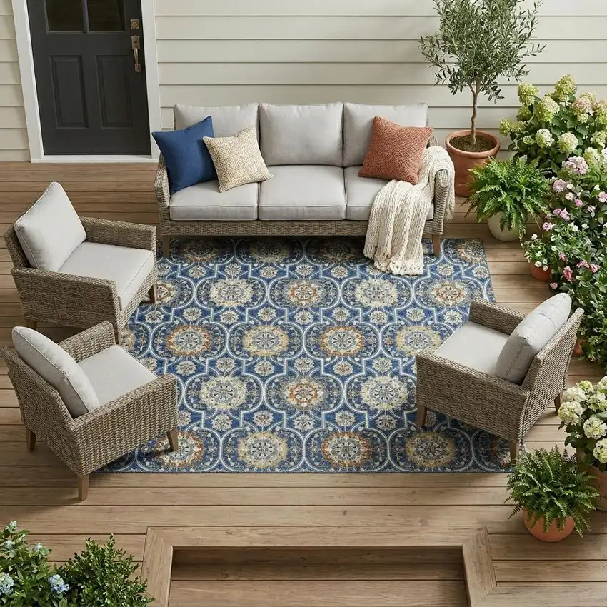 Navy Blue And Ivory Floral Medallion Washable Indoor Outdoor Area Rug Photo 1