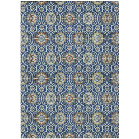 Navy Blue And Ivory Floral Medallion Washable Indoor Outdoor Area Rug Photo 2
