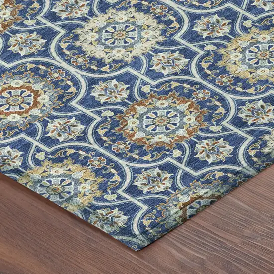 Navy Blue And Ivory Floral Medallion Washable Indoor Outdoor Area Rug Photo 7