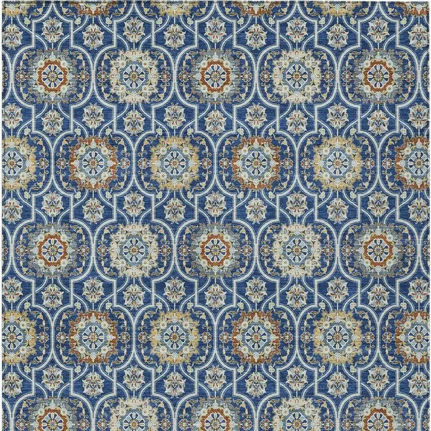 Navy Blue And Ivory Floral Medallion Washable Indoor Outdoor Area Rug Photo 4