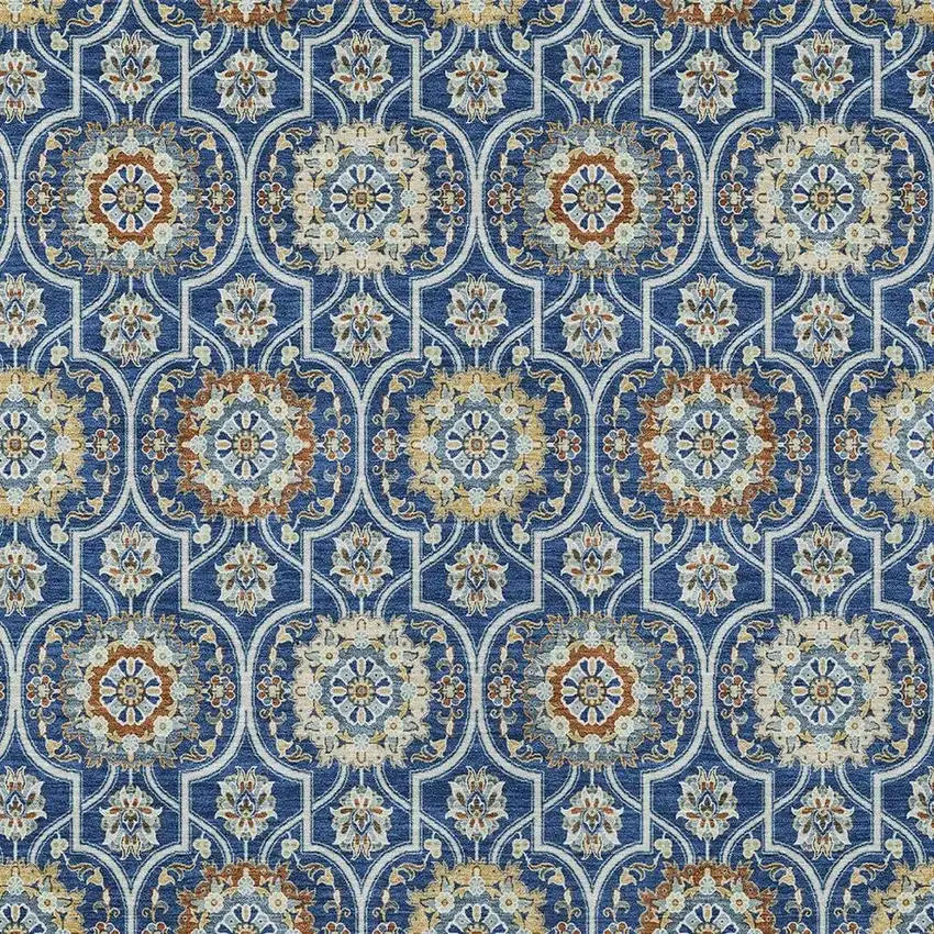 Navy Blue And Ivory Floral Medallion Washable Indoor Outdoor Area Rug Photo 3