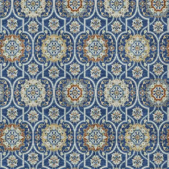 Navy Blue And Ivory Floral Medallion Washable Indoor Outdoor Area Rug Photo 5