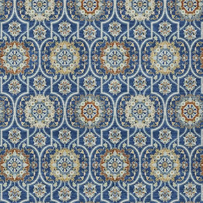 Navy Blue And Ivory Floral Medallion Washable Indoor Outdoor Area Rug Photo 5