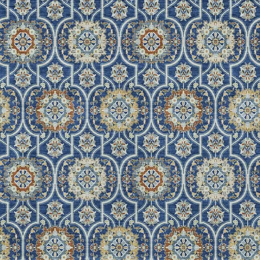 Navy Blue And Ivory Floral Medallion Washable Indoor Outdoor Area Rug Photo 3
