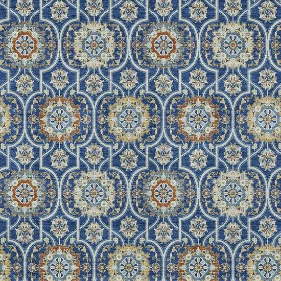 Navy Blue And Ivory Floral Medallion Washable Indoor Outdoor Area Rug Photo 3