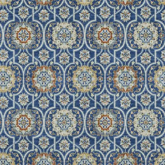 Navy Blue And Ivory Floral Medallion Washable Indoor Outdoor Area Rug Photo 5
