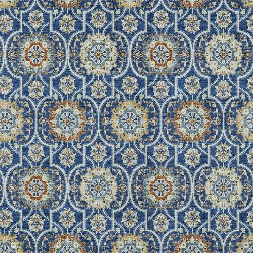 Navy Blue And Ivory Floral Medallion Washable Indoor Outdoor Area Rug Photo 5