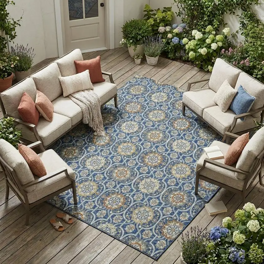 Navy Blue And Ivory Floral Medallion Washable Indoor Outdoor Area Rug Photo 1