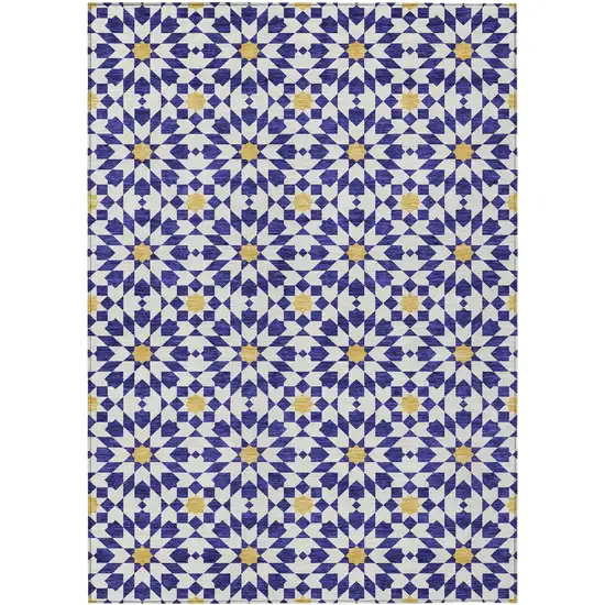 Navy Blue And Ivory Floral Medallion Washable Indoor Outdoor Area Rug Photo 2