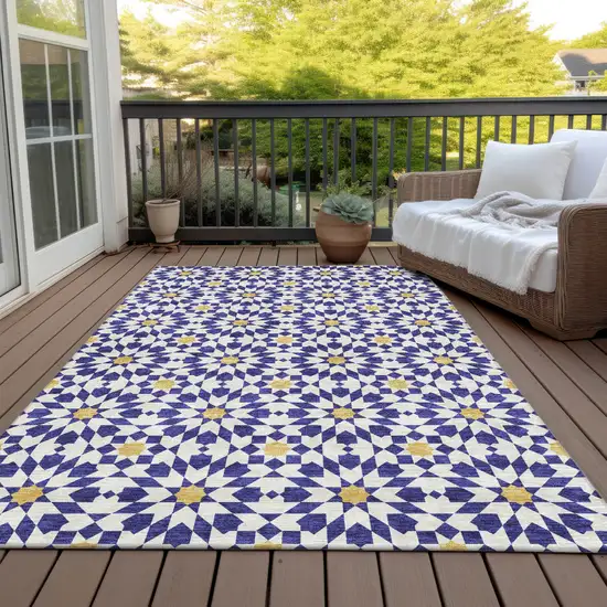 Navy Blue And Ivory Floral Medallion Washable Indoor Outdoor Area Rug Photo 8
