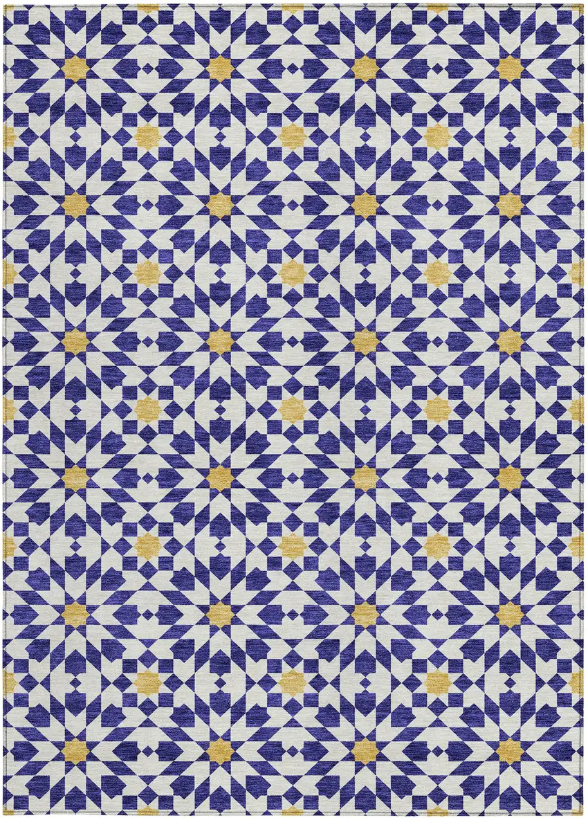 Navy Blue And Ivory Floral Medallion Washable Indoor Outdoor Area Rug Photo 7