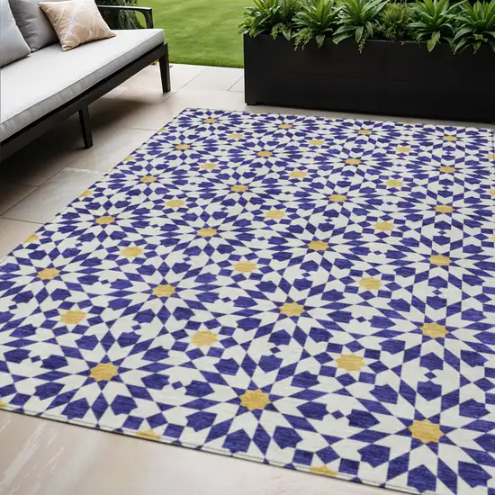 Navy Blue And Ivory Floral Medallion Washable Indoor Outdoor Area Rug Photo 1