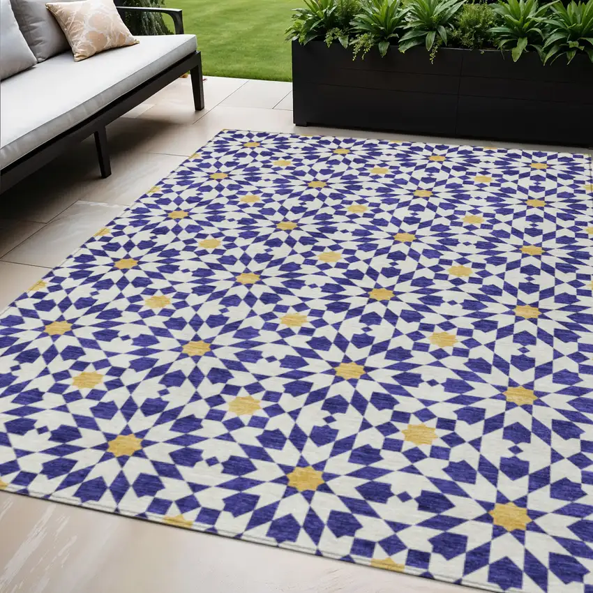Navy Blue And Ivory Floral Medallion Washable Indoor Outdoor Area Rug Photo 1