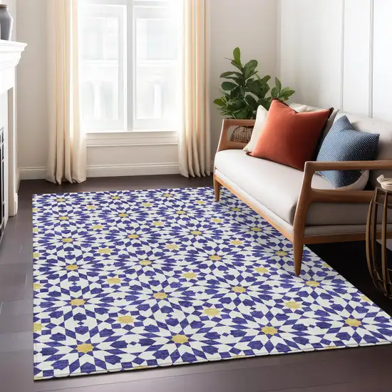 Navy Blue And Ivory Floral Medallion Washable Indoor Outdoor Area Rug Photo 9
