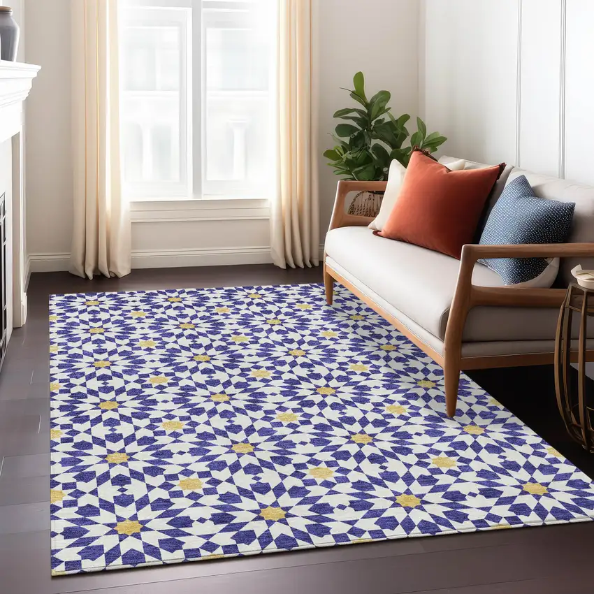Navy Blue And Ivory Floral Medallion Washable Indoor Outdoor Area Rug Photo 9