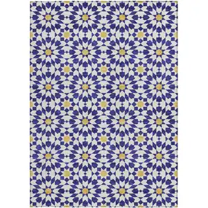 Photo of Navy Blue And Ivory Floral Medallion Washable Indoor Outdoor Area Rug
