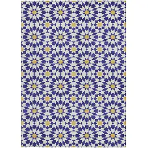 Photo of Navy Blue And Ivory Floral Medallion Washable Indoor Outdoor Area Rug